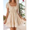 imageZESICA Womens 2025 Summer Puff Short Sleeve Plaid Mini Dress Boho Square Neck Ruffle A Line Swing Short DressesBeige