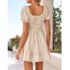 imageZESICA Womens 2025 Summer Puff Short Sleeve Plaid Mini Dress Boho Square Neck Ruffle A Line Swing Short DressesBeige