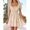 imageZESICA Womens 2025 Summer Puff Short Sleeve Plaid Mini Dress Boho Square Neck Ruffle A Line Swing Short DressesBeige