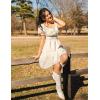 imageZESICA Womens 2025 Summer Puff Short Sleeve Plaid Mini Dress Boho Square Neck Ruffle A Line Swing Short DressesBeige