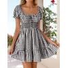 imageZESICA Womens 2025 Summer Puff Short Sleeve Plaid Mini Dress Boho Square Neck Ruffle A Line Swing Short DressesBlack