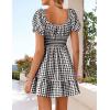 imageZESICA Womens 2025 Summer Puff Short Sleeve Plaid Mini Dress Boho Square Neck Ruffle A Line Swing Short DressesBlack