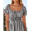 imageZESICA Womens 2025 Summer Puff Short Sleeve Plaid Mini Dress Boho Square Neck Ruffle A Line Swing Short DressesBlack