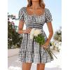 imageZESICA Womens 2025 Summer Puff Short Sleeve Plaid Mini Dress Boho Square Neck Ruffle A Line Swing Short DressesBlack
