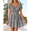imageZESICA Womens 2025 Summer Puff Short Sleeve Plaid Mini Dress Boho Square Neck Ruffle A Line Swing Short DressesBlack