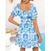 imageZESICA Womens 2025 Summer Puff Short Sleeve Plaid Mini Dress Boho Square Neck Ruffle A Line Swing Short DressesBlue