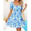 imageZESICA Womens 2025 Summer Puff Short Sleeve Plaid Mini Dress Boho Square Neck Ruffle A Line Swing Short DressesBlue