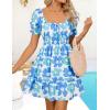 imageZESICA Womens 2025 Summer Puff Short Sleeve Plaid Mini Dress Boho Square Neck Ruffle A Line Swing Short DressesBlue