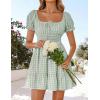 imageZESICA Womens 2025 Summer Puff Short Sleeve Plaid Mini Dress Boho Square Neck Ruffle A Line Swing Short DressesGreen