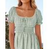 imageZESICA Womens 2025 Summer Puff Short Sleeve Plaid Mini Dress Boho Square Neck Ruffle A Line Swing Short DressesGreen