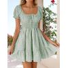 imageZESICA Womens 2025 Summer Puff Short Sleeve Plaid Mini Dress Boho Square Neck Ruffle A Line Swing Short DressesGreen