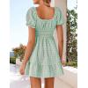 imageZESICA Womens 2025 Summer Puff Short Sleeve Plaid Mini Dress Boho Square Neck Ruffle A Line Swing Short DressesGreen