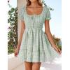 imageZESICA Womens 2025 Summer Puff Short Sleeve Plaid Mini Dress Boho Square Neck Ruffle A Line Swing Short DressesGreen