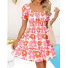imageZESICA Womens 2025 Summer Puff Short Sleeve Plaid Mini Dress Boho Square Neck Ruffle A Line Swing Short DressesOrange