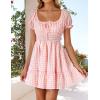 imageZESICA Womens 2025 Summer Puff Short Sleeve Plaid Mini Dress Boho Square Neck Ruffle A Line Swing Short DressesPink