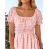 imageZESICA Womens 2025 Summer Puff Short Sleeve Plaid Mini Dress Boho Square Neck Ruffle A Line Swing Short DressesPink