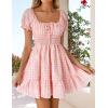 imageZESICA Womens 2025 Summer Puff Short Sleeve Plaid Mini Dress Boho Square Neck Ruffle A Line Swing Short DressesPink