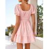 imageZESICA Womens 2025 Summer Puff Short Sleeve Plaid Mini Dress Boho Square Neck Ruffle A Line Swing Short DressesPink