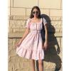 imageZESICA Womens 2025 Summer Puff Short Sleeve Plaid Mini Dress Boho Square Neck Ruffle A Line Swing Short DressesPink
