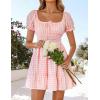 imageZESICA Womens 2025 Summer Puff Short Sleeve Plaid Mini Dress Boho Square Neck Ruffle A Line Swing Short DressesPink