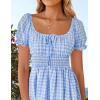 imageZESICA Womens 2025 Summer Puff Short Sleeve Plaid Mini Dress Boho Square Neck Ruffle A Line Swing Short DressesSky