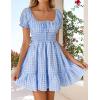 imageZESICA Womens 2025 Summer Puff Short Sleeve Plaid Mini Dress Boho Square Neck Ruffle A Line Swing Short DressesSky