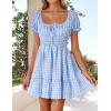 imageZESICA Womens 2025 Summer Puff Short Sleeve Plaid Mini Dress Boho Square Neck Ruffle A Line Swing Short DressesSky
