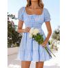 imageZESICA Womens 2025 Summer Puff Short Sleeve Plaid Mini Dress Boho Square Neck Ruffle A Line Swing Short DressesSky