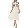imageZESICA Womens 2025 Casual Striped Midi Dress Crewneck Short Sleeve Button Ribbed Knit Swing Pleated A Line DressesBeige
