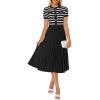 imageZESICA Womens 2025 Casual Striped Midi Dress Crewneck Short Sleeve Button Ribbed Knit Swing Pleated A Line DressesBlack