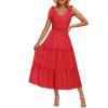 imageZESICA Womens 2025 Summer Boho Casual V Neck Sleeveless Midi Dresses Tie Shoulder Flowy Tiered A Line Beach Long SundressRed
