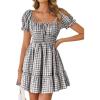 imageZESICA Womens 2025 Summer Puff Short Sleeve Plaid Mini Dress Boho Square Neck Ruffle A Line Swing Short DressesBlack