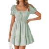 imageZESICA Womens 2025 Summer Puff Short Sleeve Plaid Mini Dress Boho Square Neck Ruffle A Line Swing Short DressesGreen