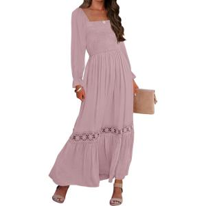 imageZESICA Womens 2025 Boho Long Sleeve Square Neck Smocked High Waist Flowy A Line Lace Trim Maxi DressDark Pink