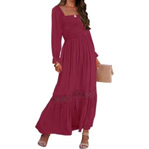 imageZESICA Womens 2025 Boho Long Sleeve Square Neck Smocked High Waist Flowy A Line Lace Trim Maxi DressPlum