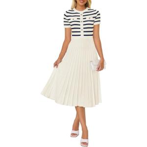 imageZESICA Womens 2025 Casual Striped Midi Dress Crewneck Short Sleeve Button Ribbed Knit Swing Pleated A Line DressesBeige