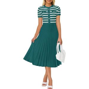 imageZESICA Womens 2025 Casual Striped Midi Dress Crewneck Short Sleeve Button Ribbed Knit Swing Pleated A Line DressesDarkgreen