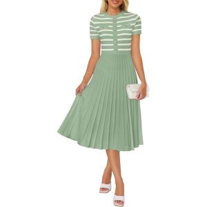 imageZESICA Womens 2025 Casual Striped Midi Dress Crewneck Short Sleeve Button Ribbed Knit Swing Pleated A Line DressesLight Green