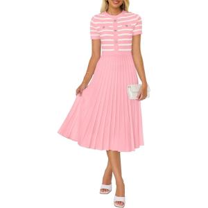 imageZESICA Womens 2025 Casual Striped Midi Dress Crewneck Short Sleeve Button Ribbed Knit Swing Pleated A Line DressesPink