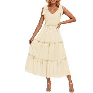 imageZESICA Womens 2025 Summer Boho Casual V Neck Sleeveless Midi Dresses Tie Shoulder Flowy Tiered A Line Beach Long SundressApricot