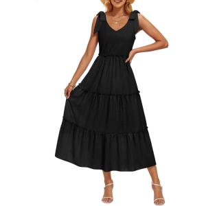 imageZESICA Womens 2025 Summer Boho Casual V Neck Sleeveless Midi Dresses Tie Shoulder Flowy Tiered A Line Beach Long SundressBlack