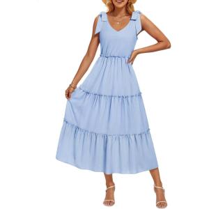 imageZESICA Womens 2025 Summer Boho Casual V Neck Sleeveless Midi Dresses Tie Shoulder Flowy Tiered A Line Beach Long SundressBlue