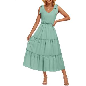 imageZESICA Womens 2025 Summer Boho Casual V Neck Sleeveless Midi Dresses Tie Shoulder Flowy Tiered A Line Beach Long SundressGreen