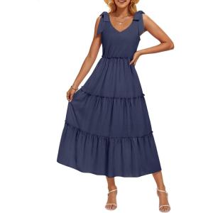 imageZESICA Womens 2025 Summer Boho Casual V Neck Sleeveless Midi Dresses Tie Shoulder Flowy Tiered A Line Beach Long SundressNavy