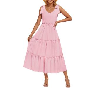 imageZESICA Womens 2025 Summer Boho Casual V Neck Sleeveless Midi Dresses Tie Shoulder Flowy Tiered A Line Beach Long SundressPink