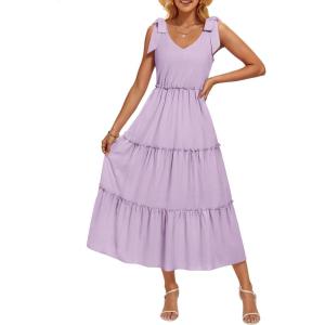 imageZESICA Womens 2025 Summer Boho Casual V Neck Sleeveless Midi Dresses Tie Shoulder Flowy Tiered A Line Beach Long SundressPurple