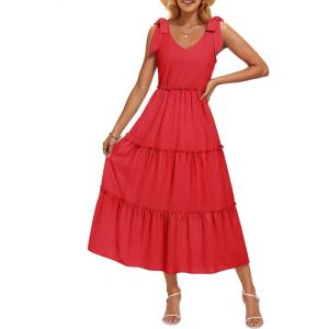 imageZESICA Womens 2025 Summer Boho Casual V Neck Sleeveless Midi Dresses Tie Shoulder Flowy Tiered A Line Beach Long SundressRed