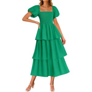 imageZESICA Womens 2025 Summer Boho Midi Dress Short Puff Sleeve Flowy A Line Tiered Beach Vacation Long DressesGreen