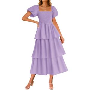 imageZESICA Womens 2025 Summer Boho Midi Dress Short Puff Sleeve Flowy A Line Tiered Beach Vacation Long DressesPurple