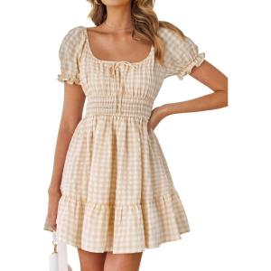 imageZESICA Womens 2025 Summer Puff Short Sleeve Plaid Mini Dress Boho Square Neck Ruffle A Line Swing Short DressesBeige
